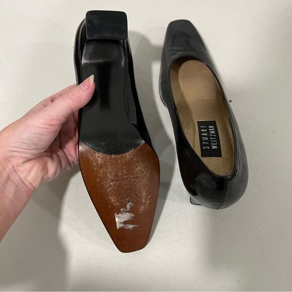 Stuart Weitzman Black Patent Leather Square Toe Block Heels Size 6.5 B - Picture 4 of 6